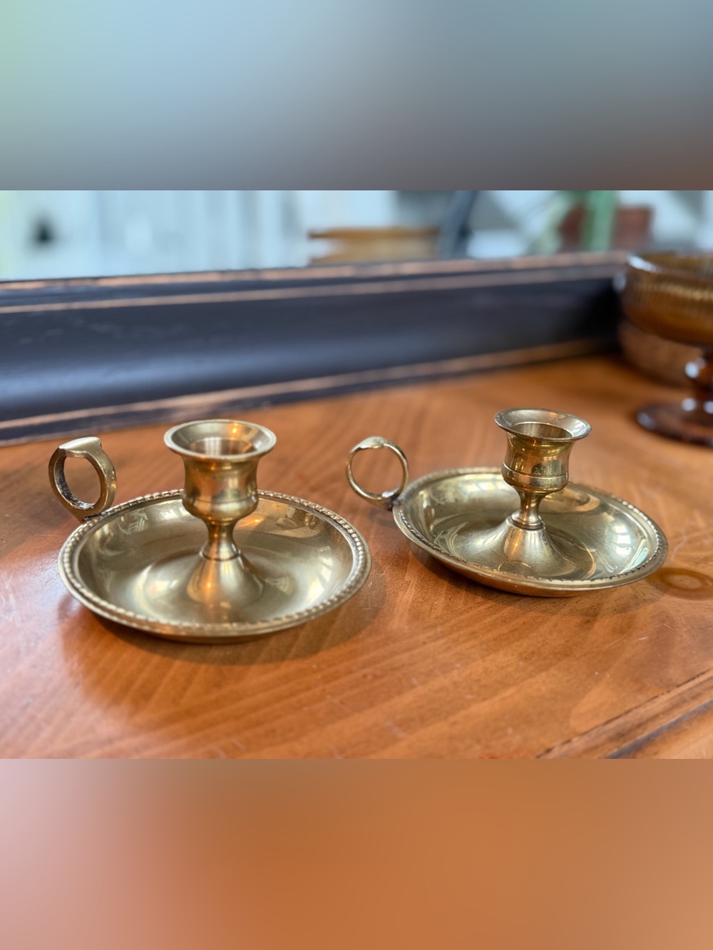 Moody Vintage Brass Chamberstick Candle Holders with Handles-Set of 2